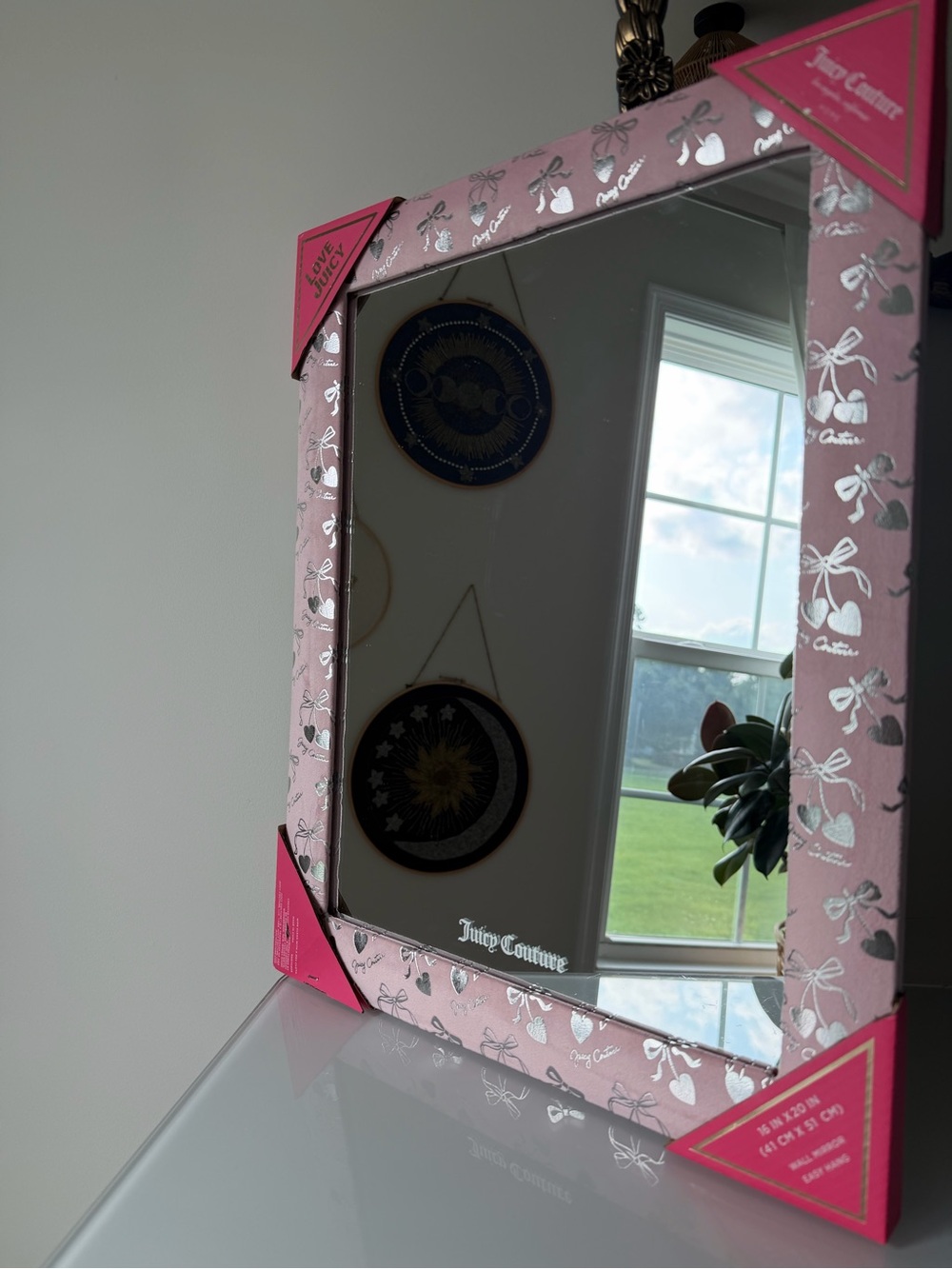 Juicy Couture Pink silver Cherry heart bow velvet framed wall Mirror